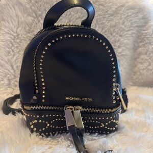 Michael Kors Rhea Mini Studded Leather Backpack- Black with Gold Accents